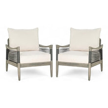 Christopher Knight Home Havets Set of 2 Patio Acacia Wood Club Chair with Woven Rope, Outdoor Armchair, Water-Repellent Thick Cushion Deep Seating for Porch, Garden, Backyard, Balcony, Gray+Beige