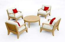 WholesaleTeakFurniture Atnas 5 Piece Teak Wood Lounge Chair Set: 4 Lounge Chairs & Round Coffee Table with Cushions in Outdoor Sunbrella Fabric #5404 Canvas Natural