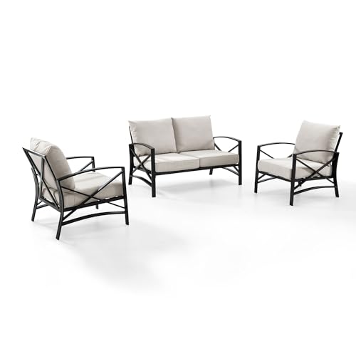 Crosley Furniture KO60011BZ-OL Kaplan Outdoor Metal 3-Piece Seating Set (Loveseat, 2 Arm Chairs), Oiled Bronze with Oatmeal Cushions