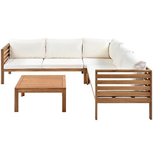 Merax Outdoor L Shaped Sofa with Coffee Table & Armrest & Beige Cushions, Strong Wood Structure Exotic Patio Furniture Set Water-Resistant, for Garden Balcony Poolside (Beige)
