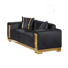 Benzara Loveseat with 2 Pillows, Barrel Back, Gold Base, 68 Inch Black