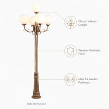 HLRCB Antique Bronze 5-Globe Outdoor Lamp Post, Garden Lighting Fixture