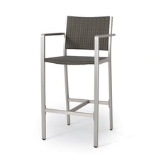 Homyee Stylish Outdoor Bar Height Pub Chairs w/Sturdy Metal Frame & Footrest for Poolside, Contemporary Aluminum Patio Bar Stools w/PE Rattan Back & Seat for Garden, Deck, Porch, Set of 2