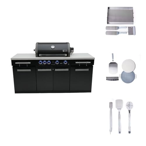Mont Alpi Premium 70"W Black Stainless Steel Compact Outdoor Kitchen Island with 32"W 4-Burner BBQ Gas Grill + Universal Flat Top Griddle + Pizza Peel + Cleaning Brush + Spatulas + Tongs + Scraper