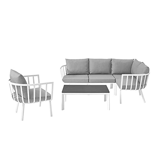 Lounge Sectional Sofa Chair Set, Aluminum, Metal, White Grey Gray, Modern, Outdoor Patio Cafe Bistro