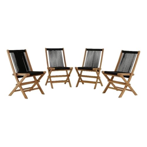 Modway Vienna Outdoor Patio Teak Wood Folding Chairs Set of 4 in Natural Black – Weather-Resistant Woven Rope Armless Patio Dining Chairs – Foldable Deck Chairs for Backyard, Garden, Porch