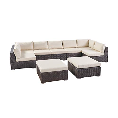 Christopher Knight Home Tom Rosa Outdoor 7 Seater Wicker Sectional Sofa Set, Multibrown with Beige Cushions
