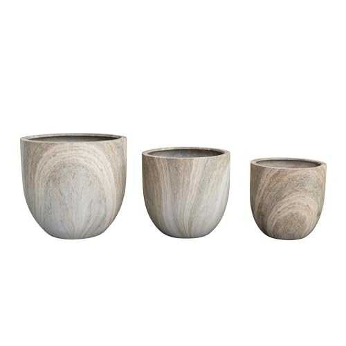 Creative Co-Op 3-Piece Lightweight Eco Stone Round Indoor/Outdoor Planter Set with Travertine Finish, Cream Color