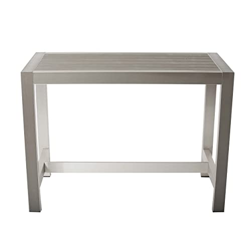Benjara BM287805 Patio Kylo 59 Inch Outdoor Bar Table, Aluminum Frame, Plank Surface, Large, Gray and Brown