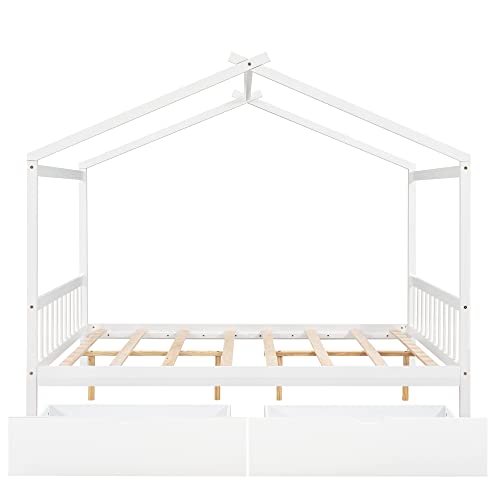 Merax Full Size Platform Bed Frame with Drawers White