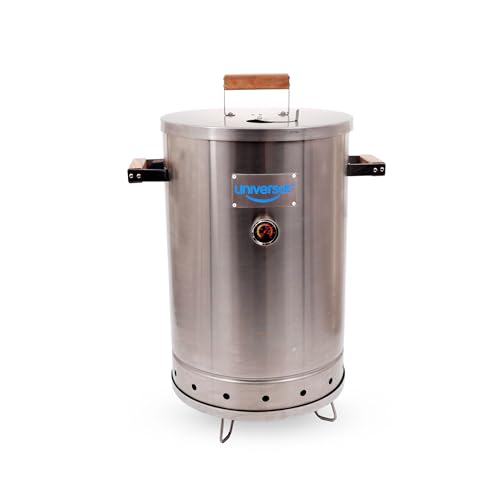 Universal 20-Pound Capacity Barrel Smoker, Stainless Steel Vertical Charcoal Smoker with Thermometer, Adjustable Airflow, 10 Meat Hooks & Grill Rack, Serves 20–25
