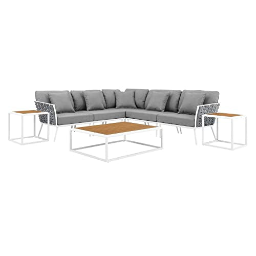 Modway Stance 8 Piece Outdoor Patio Aluminum Outdoor Patio Aluminum Sectional Sofa Set in White Gray