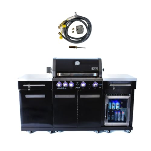Mont Alpi 70"W x 24"D Black Stainless Steel Outdoor Kitchen Island with Refrigerator + 32"W 4-Burner BBQ Grill + Infrared Burner + Storage Cabinets + Granite Countertops + Natural Gas Conversion Kit