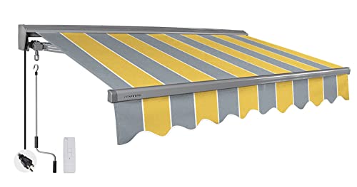 ADVANING Classic Series 12'X10' Electric Retractable Awning, 100% Acrylic UV+ Sun Shade Canopy, Golden Yellow & Gray Stripes, EA1210-A225H