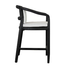 Benzara 25 Inch Outdoor Counter Stool Chair Woven Olefin Fabric Teak Black and Gray