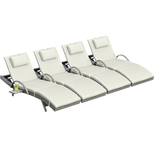 YITAHOME Wicker Chaise Lounge Outdoor, Rattan Pool Lounge Chair Reclining Chaise Lounge Set of 4 w/Pull-Out Desktop, 5-Position Backrest, Headrest & Cushion, Armrests for Poolside, Beach(Beige)