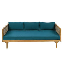 Merax 67.5" Outdoor Patio Daybed 3 Seater Sofa Bed,Acacia Wood Frame with Rattan Arm,Cushion & Pillow for Courtyard