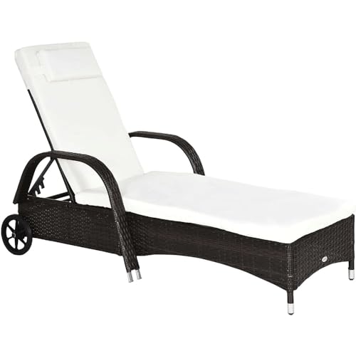 UOPYNE Pool Patio Chaise, Patio PE Wicker Chaise Lounge with Wheels, Outdoor Cushioned Wicker Chaise Lounger Adjustable Sun Lounger for Outside Sunbathing Camping Beach
