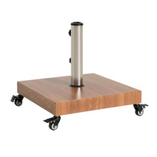 Square Outdoor Umbrella Base with Wheels.Concrete-Filled Iron Design with Wood Grain Finish & Adjustable Stainless Steel Post.Stable Support for Patio,Garden & Poolside.32mm-48mm Pole Compatibility