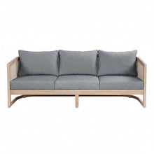 Christopher Knight Home Catania Acacia Wood Outdoor 3 Seater Sofa with Cushions, Wooden Patio Sofa Couch with Cushion, Comfy Garden Cloud Sofa Couch with Textilene Armrest, Grey+Light White