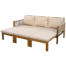 Merax Outdoor Daybed, Acacia Wood 3-Seat Patio Sofa Bed with Waterproof Cushions and Rope Woven Arms, Convertible Sleeper Couch with Pull-Out Function for Poolside, Backyard, Garden