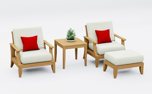 TeakStation 4 Pc Teak Wood Lounge Chair Set: 2 Lounge Chairs, Ottoman & Square Side Table with Cushions in Outdoor Sunbrella Fabric #5404 Canvas Natural