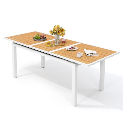 VredHom Outdoor Dining Table, 63"-83" Patio Extendable Dining Table with Brown Wooden-Like Top and White Aluminum Frame, Rectangular Table Outdoor Furniture