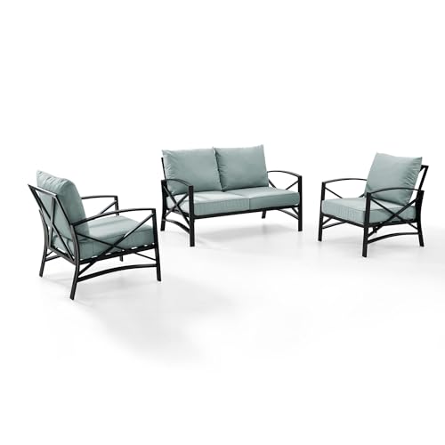 Crosley Furniture KO60011BZ-MI Kaplan Outdoor Metal 3-Piece Seating Set (Loveseat, 2 Arm Chairs), Oiled Bronze with Mist Cushions