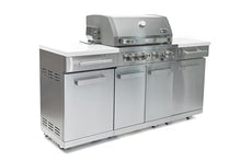Mont Alpi Premium 70"W x 24"D x 46"H Stainless Steel Compact Outdoor Kitchen Island with 32"W 4-Burner BBQ Grill + Rotisserie Infrared Rear Burner + Storage Cabinets + Granite Countertops + Tool Hooks