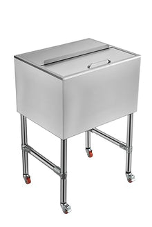 24 Inch Commercial Ice Bin with Sliding Lid - 64L Stainless Steel Underbar Ice Chest with Drain System - Insulated Ice Storage Bin on Wheels for Bar, Restaurant, & Cocktail Station