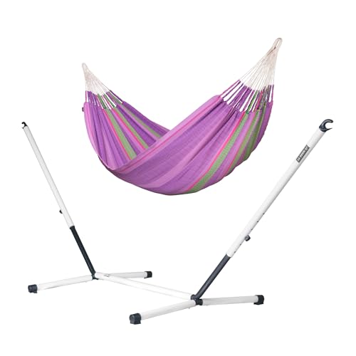LA SIESTA® Flora Classic Cotton Hammock & Nautico Stand - Indoor Outdoor Hammock with Stand - Portable Hammock with Stand for Outside Patio, Large Hammock w/Steel Stand - Max 440 Lbs, King, Blossom