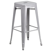 BizChair Commercial 30" Round Silver Metal Bar Table Set-4 Square Seat Backless Stools