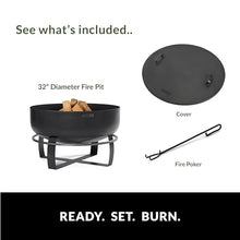 Ignition XXL Extra Large Handcrafted Fire Pit with Black Cover Lid and Wood Burning Fireplace for Backyard Bonfire Campfire for Outside, Extra Large Depth Outdoor 32" Steel Firepit, by Good Directions