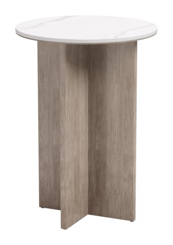 Oceanveil Side Table White, White End Table, Modern Style, Faux Marble Sintered Stone Round Shape Tabletop, Aluminum, Outdoor Living, 16" W x 16" D x 22.2" H