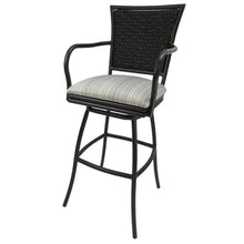 Pemberly Row Outdoor/Indoor Pub Set, 36 in Round Black Table, 30 in Bar Height Stools with Arms, Powder-Coated UV Frame, Natural Fun Beige Fabric, Durable Design for Patio or Bar Use