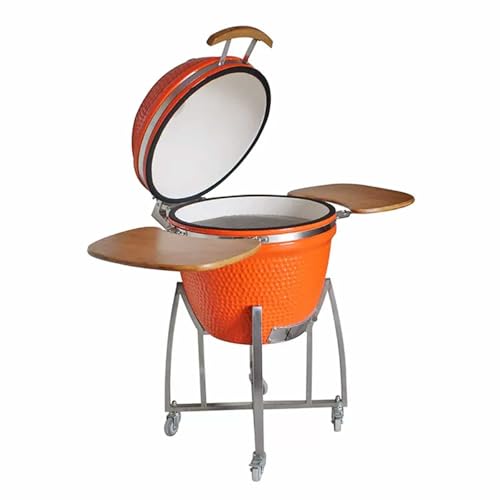 Ceramic Grill, Outdoor BBQ Smoker with Wooden Handle, Stainless Steel Grid Pan for Backyard Camping & Garden Party(F,23in)