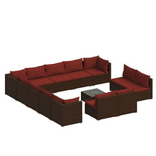 Molumvel 14-Piece Modular Garden Lounge Set, Brown and Cinnamon Red PE Rattan Outdoor Patio Furniture with Coffee Table and Cushions for Backyard Terrace Seating