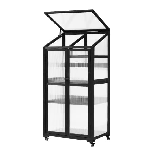 62''H Large Wood Greenhouse for Balcony, Portable Cold Frame with Wheels & Adjustable Shelves for Indoor/Outdoor Plant Growing (Black)