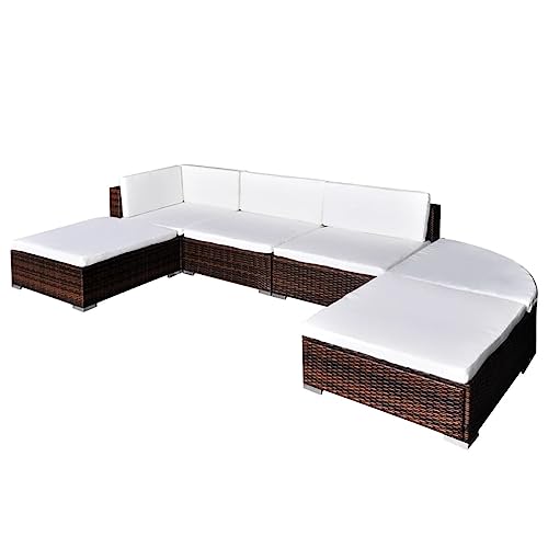 Kaorsrow 6-Piece Brown Poly Rattan Patio Furniture Set Modular Outdoor Sectional Sofa Ottoman Stool Powder-Coated Steel Frame Cushions Garden, Terrace, Balcony
