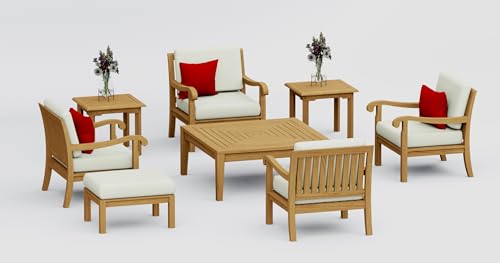 WholesaleTeak Teak Wood 8 Pc Lounge Chair Set: 4 Lounge Chairs, Ottoman, Square Coffee Table & 2 Side Tables with Cushions in Outdoor Fabric #5404 Canvas Natural