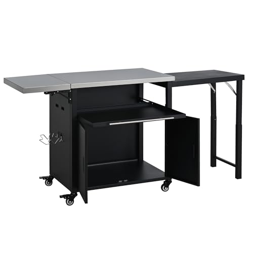 Foldable Outdoor Prep Station, BBQ Cart with Stainless Steel Top, Kitchen Island Grill Cart with Trash Rack for Backyard, Patio, Black 73.8"x22.4"x35.8"