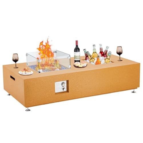 56 Inch Propane Fire Pit Table - Ice and Fire 2-in-1 Firepit Table for Outside Patio with Glass Cover and Rain Cover,8 LBS Grade Heat-Resistant Crystal Glass,for Outdoor,Garden,Yellow Skin Color