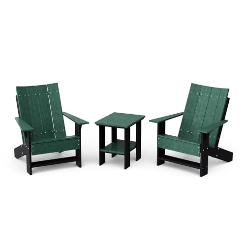 Wildridge Contemporary 3-Piece Adirondack Chair Set with Side Table, Turf Green and Black - Outdoor Weather Resistant Recycled Plastic Furniture for Patio
