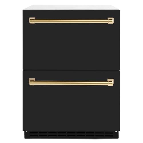 ZLINE Autograph Edition 24 in. Touchstone 168 Can Outdoor-Rated Dual Refrigerator Drawer with Black Matte Doors and Polished Gold Handles (RDSOZ-BLM-24-G)
