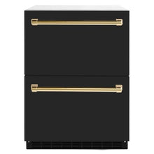 ZLINE Autograph Edition 24 in. Touchstone 168 Can Outdoor-Rated Dual Refrigerator Drawer with Black Matte Doors and Polished Gold Handles (RDSOZ-BLM-24-G)