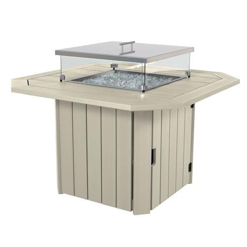 highwood Oasis 40" Fire Pit Table, 50,000 BTU with Glass Wind Guard and Rain Cover, Whitewash