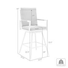 Armen Living Crown Outdoor Patio Swivel Counter Stool in White Aluminum with Wood Accent and Light Gray Cushions
