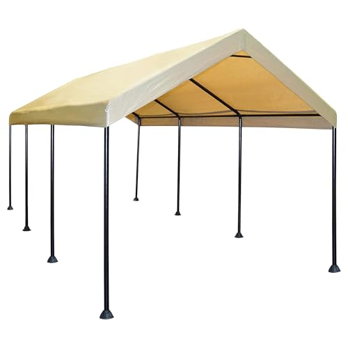 Caravan Canopy Mega Domain Carport with Waterproof Polyethylene Top, Durable Steel Frame, Compression Lock, and Easy Assembly, 10 by 20 Feet, Tan