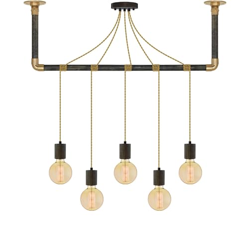 Gold and Black Wood Pendant Light Wrap with Ebony Black Wood and Brass Ceiling Bracket - Hangout Lighting - 5 Pendants