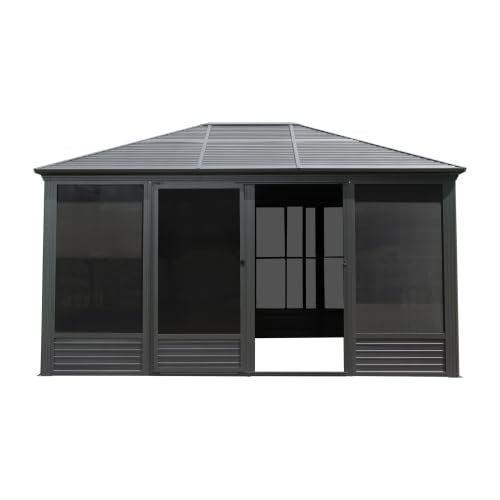 11.2x14.6FT Sunroom, Four Season Solarium Aluminum Hardtop Gazebo with Galvanized Steel Roof, Movable PVC Screen Walls, Sliding Doors, Sun Room Pavilion Gazebo for Patio Deck Backyard, Gray